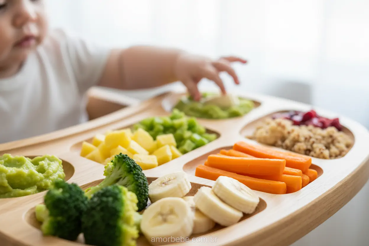 Alimentos Saudáveis para Bebês Bebê explorando alimentos variados na introdução alimentar.