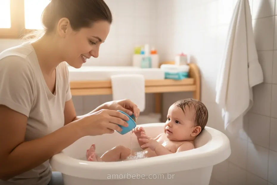 Mãe dando banho em bebê de 4 meses