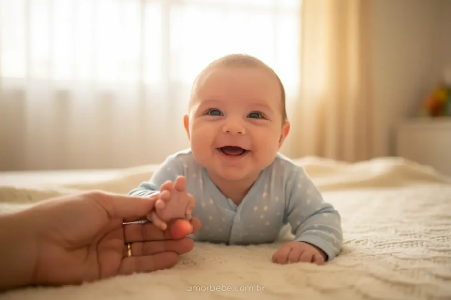 Bebê de 2 meses sorrindo com a mão do pai ou mãe