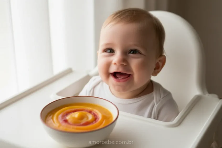 Bebê de 6 meses comendo papinha de fruta na introdução alimentar.