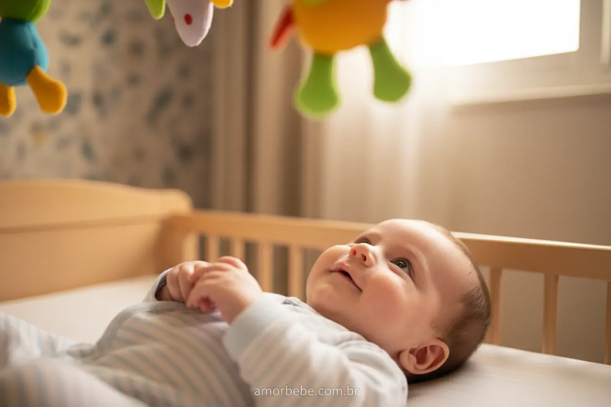 Interação do Bebê com o Mundo Bebê de 2 meses observando móbile colorido
