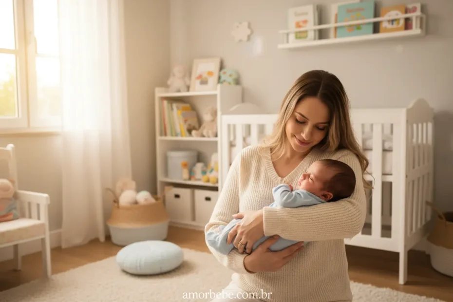Mãe feliz com bebê em rotina organizada