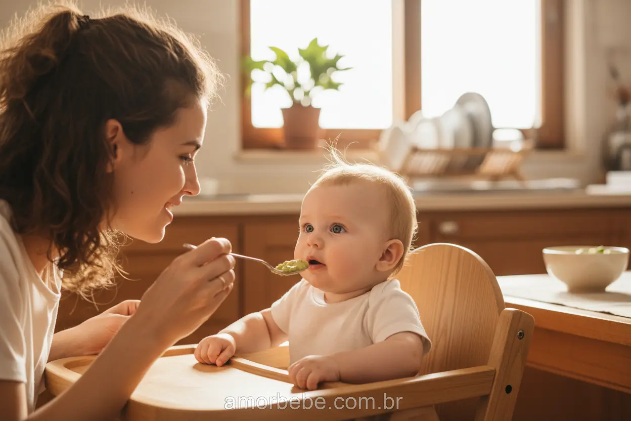 Primeira Colherada do Bebê Mãe oferecendo abacate amassado ao bebê de 6 meses.