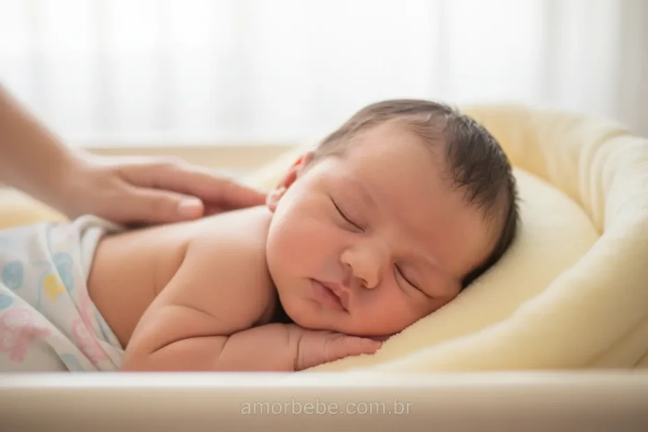 Bebê recém-nascido dormindo tranquilamente no berço, com a mão da mãe ao fundo.