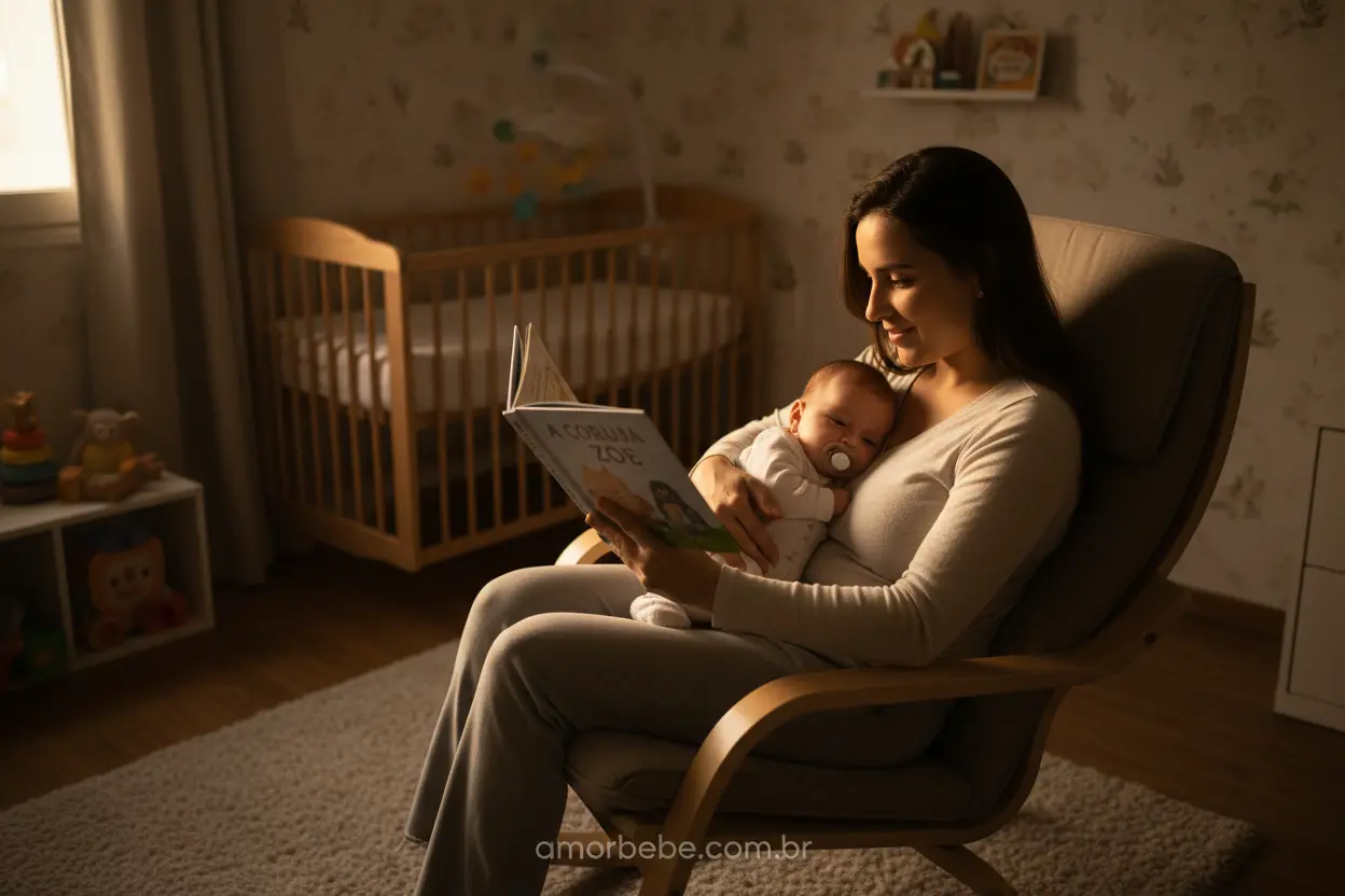 Mãe lendo para bebê antes de dormir