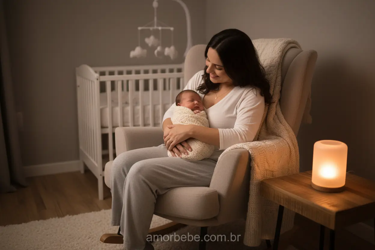 Mãe embalando recém-nascido em um quarto com pouca luz, estabelecendo rotina de sono.