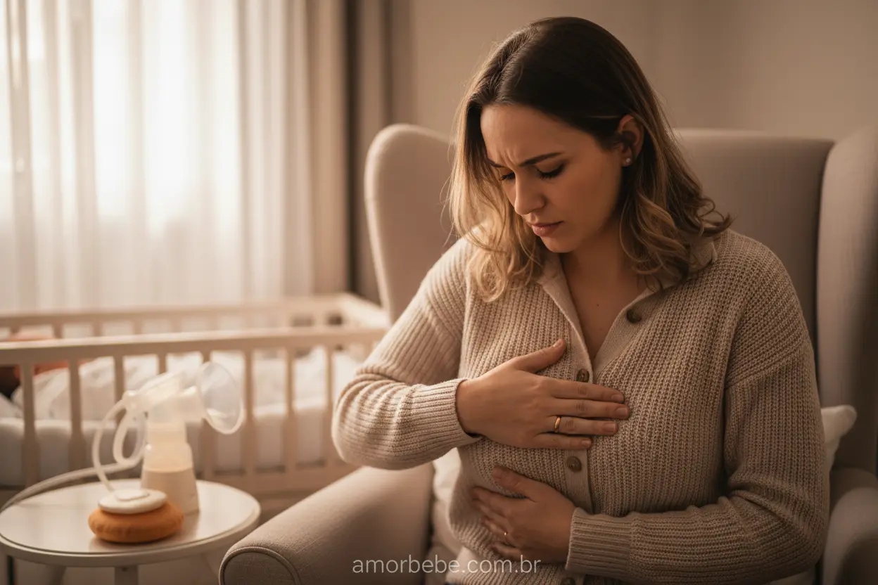 Mãe massageando o seio, enfrentando desafios da amamentação