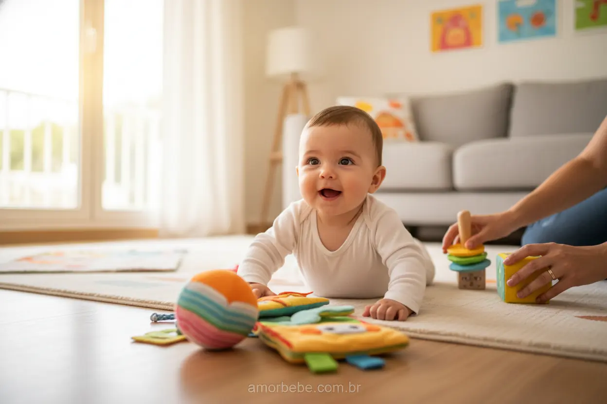 Bebê de 6 meses brincando com brinquedos coloridos