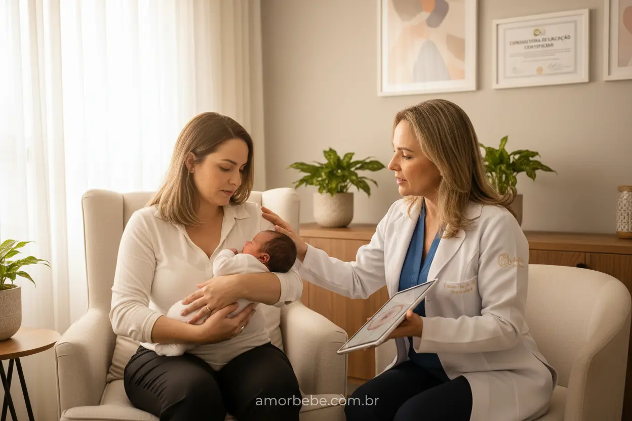 Consultora de amamentação auxiliando mãe e bebê