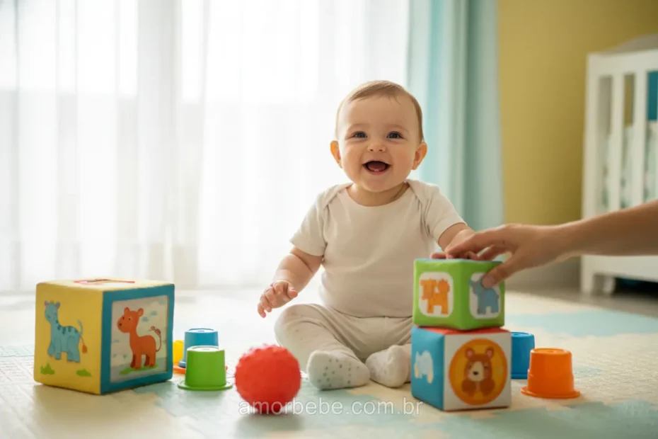 Bebê de 1 ano brincando com blocos coloridos sob a supervisão de um adulto.