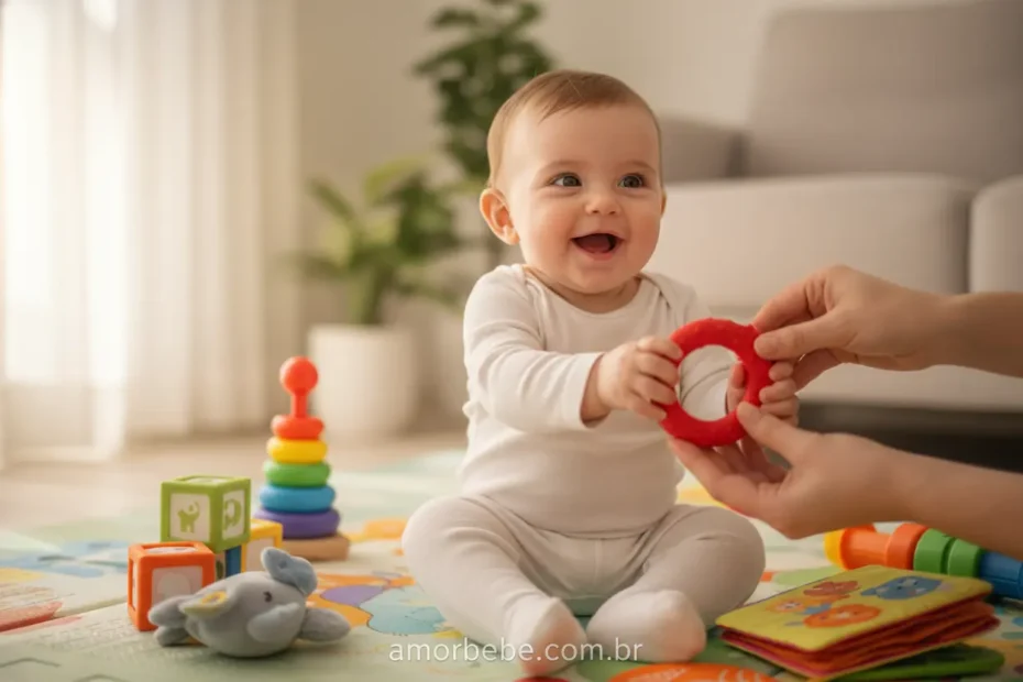 Bebê de 6 meses sorrindo em tapete de atividades