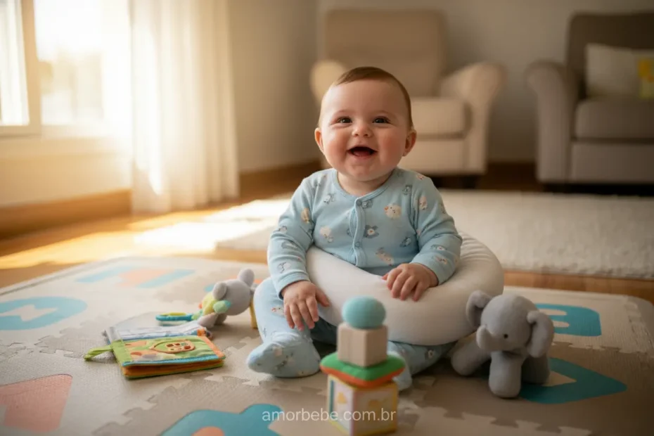 Bebê de 6 meses sentado com brinquedos
