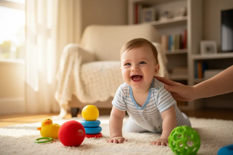 Bebê de 8 meses brincando feliz em sua rotina