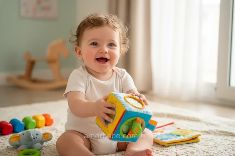 Bebê de 9 meses sorrindo e brincando com brinquedos coloridos