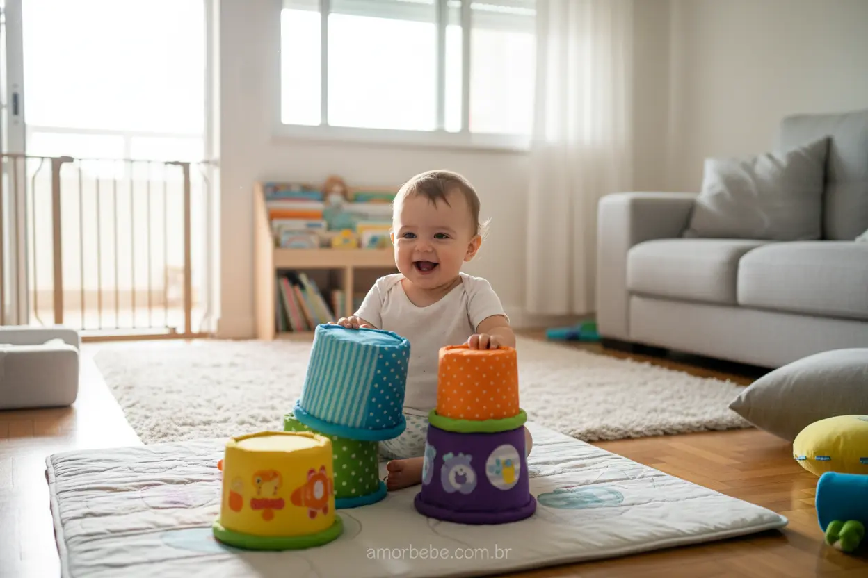 Brincadeiras Seguras para Bebês de 1 Ano Bebê de 1 ano empilhando copos coloridos em um ambiente seguro.