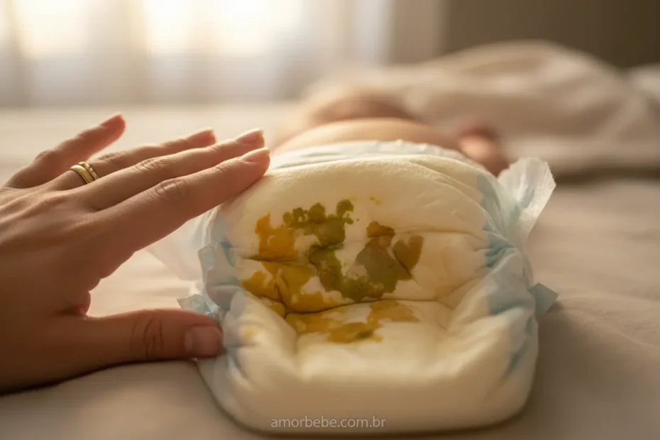 Fralda de recém-nascido com cocô amarelo e verde