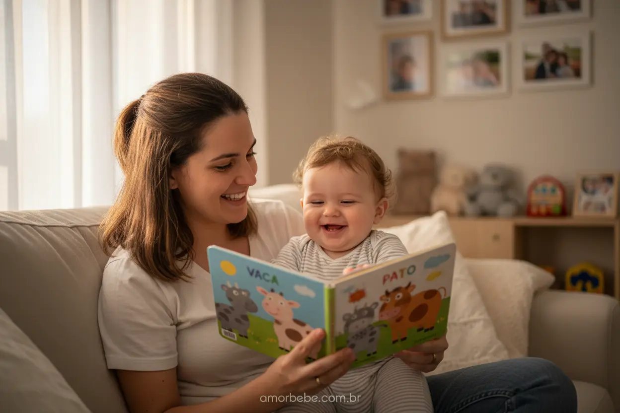 Estimulando a Cognição e Fala do Bebê Como estimular bebê de 1 ano lendo um livro com a mãe.