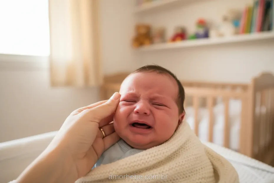 Mãe com recém-nascido chorando, oferecendo conforto e carinho.