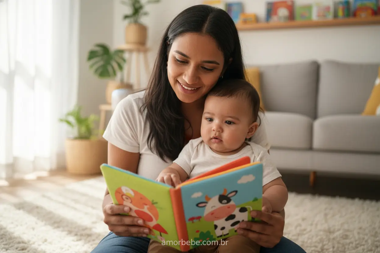 Mãe e bebê de 6 meses lendo livro infantil