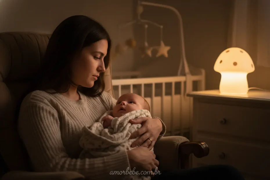 Mãe ninando bebê acordando à noite em quarto escuro