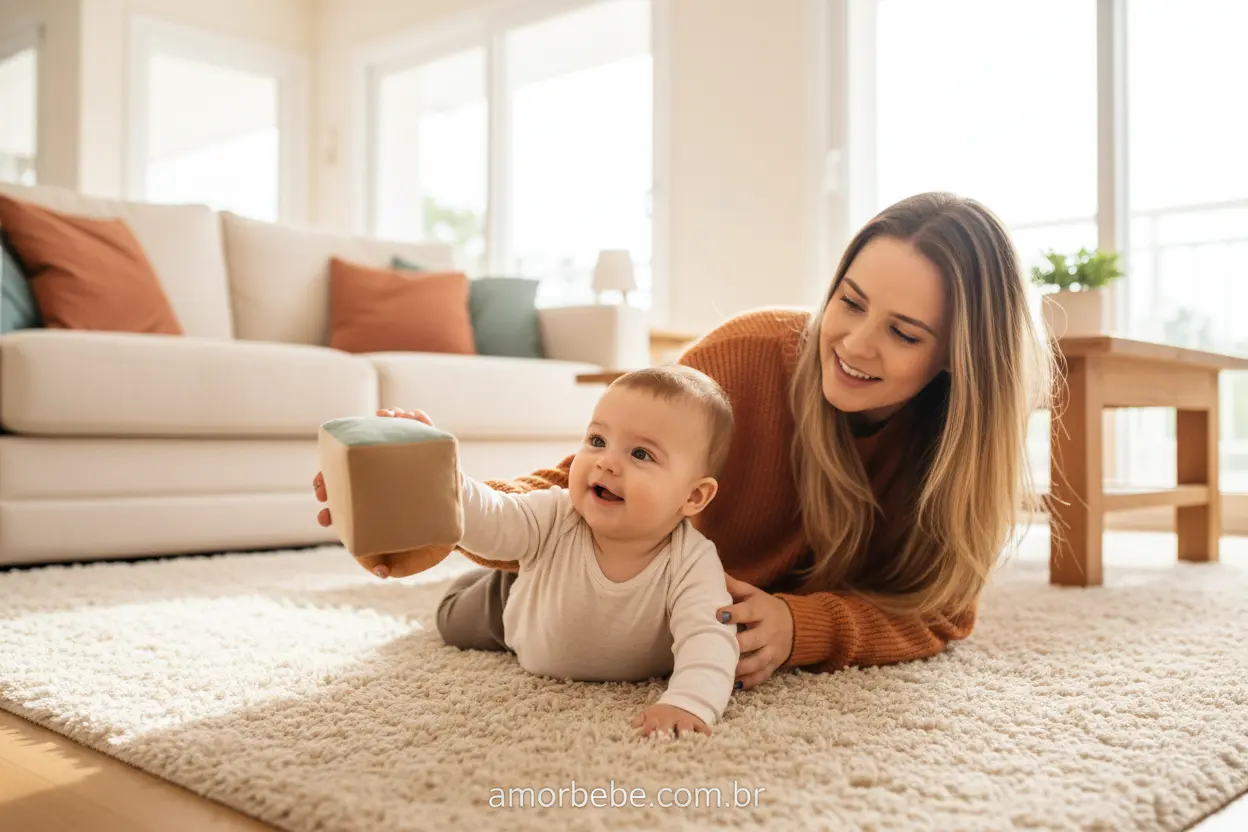 Mãe e bebê de 9 meses brincando no chão para estimular o desenvolvimento