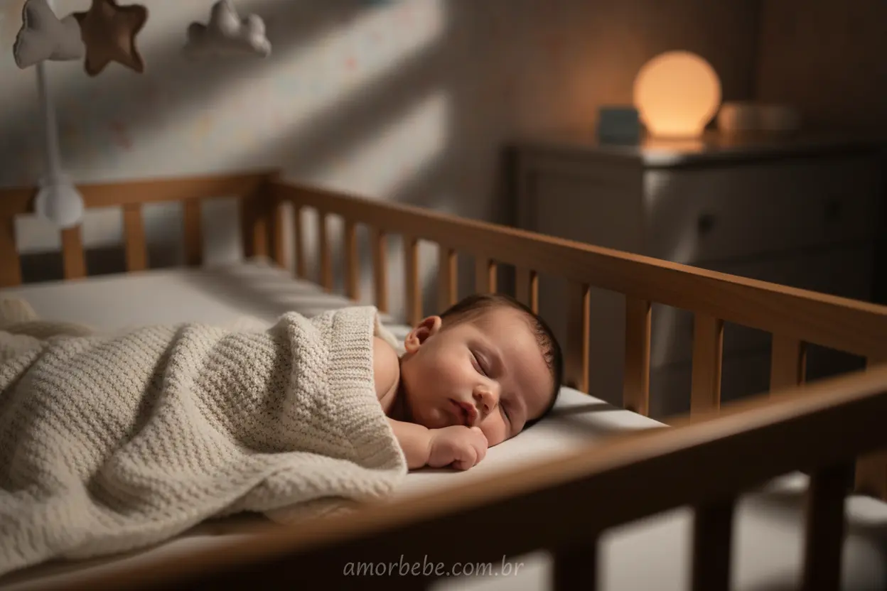 Bebê de 8 meses dormindo tranquilamente no berço