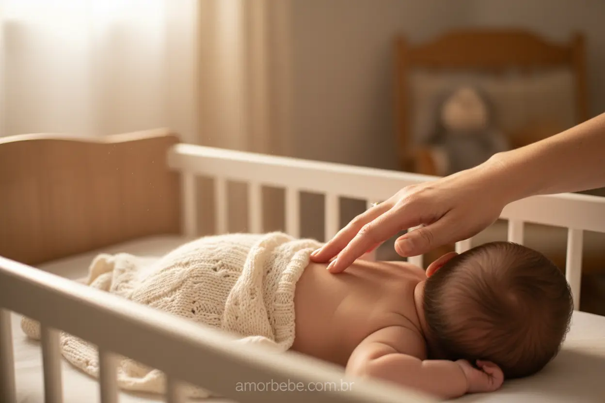 Mão de mãe acalmando bebê dormindo