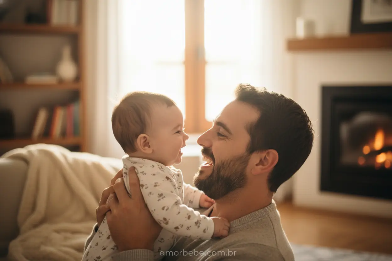 Desenvolvimento do bebê de 9 meses: pai e filho em interação afetiva