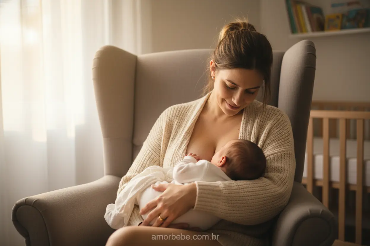 Mãe amamentando seu bebê recém-nascido em um ambiente tranquilo