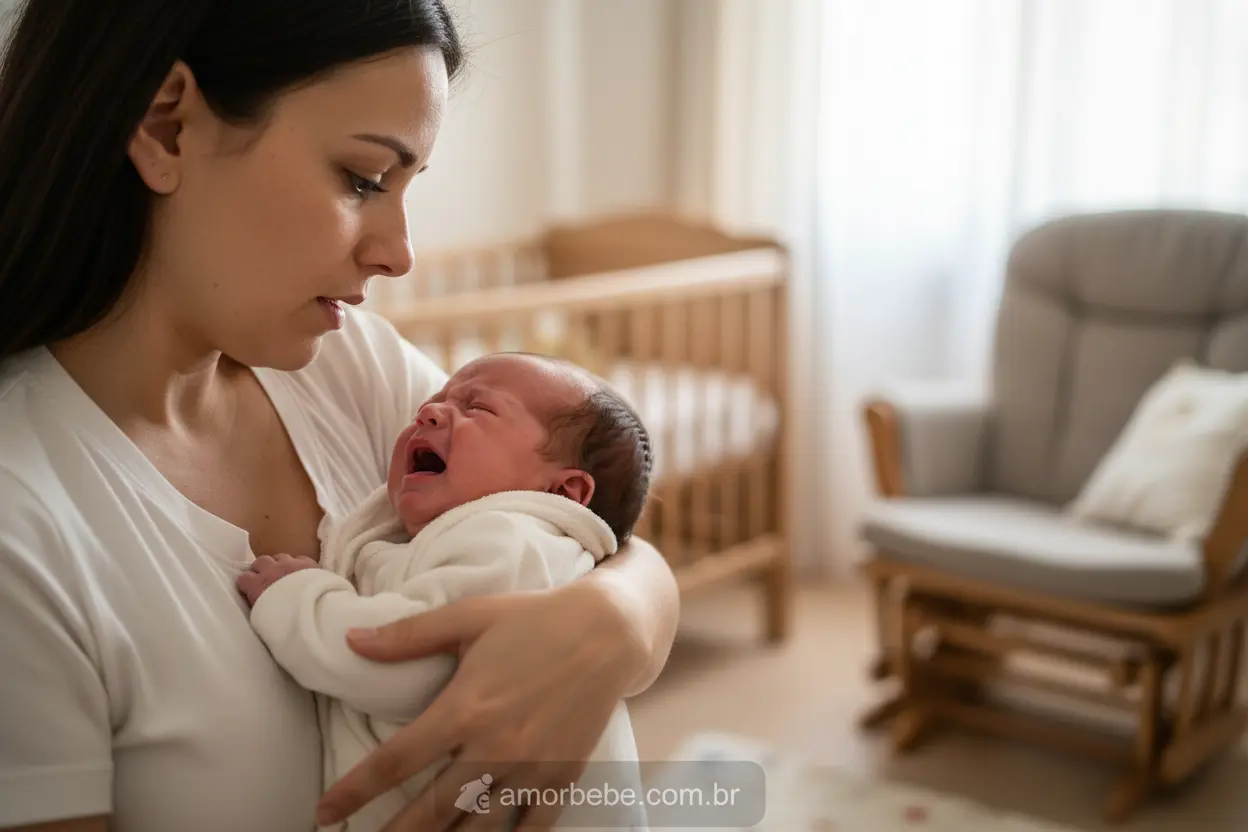 Mãe tentando acalmar seu bebê recém-nascido que está chorando